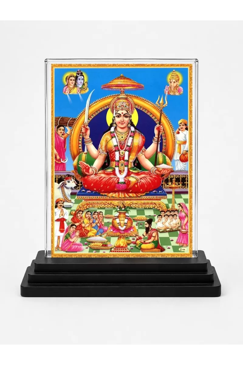 Santoshi Mata Acrylic Car Dashboard Showpiece | Double-Sided Santoshi Mata Photo Stand | 3 X 4 Inch Photo | Transparent Acrylic Frame With Black Base | Car Dashboard, Office & Table Decor (F70873)