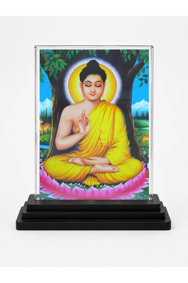 Gautama Buddha Acrylic Car Dashboard Showpiece | Double-Sided Gautama Buddha Photo Stand | 3 X 4 Inch Photo | Transparent Acrylic Frame With Black Base | Car Dashboard, Office & Table Decor (F70875)