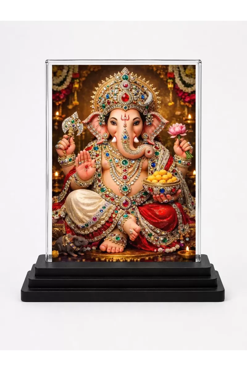 Lord Ganesha Acrylic Car Dashboard Showpiece | Double-Sided Lord Ganesha Photo Stand | 3 X 4 Inch Photo | Transparent Acrylic Frame With Black Base | Car Dashboard, Office & Table Decor (F70878)