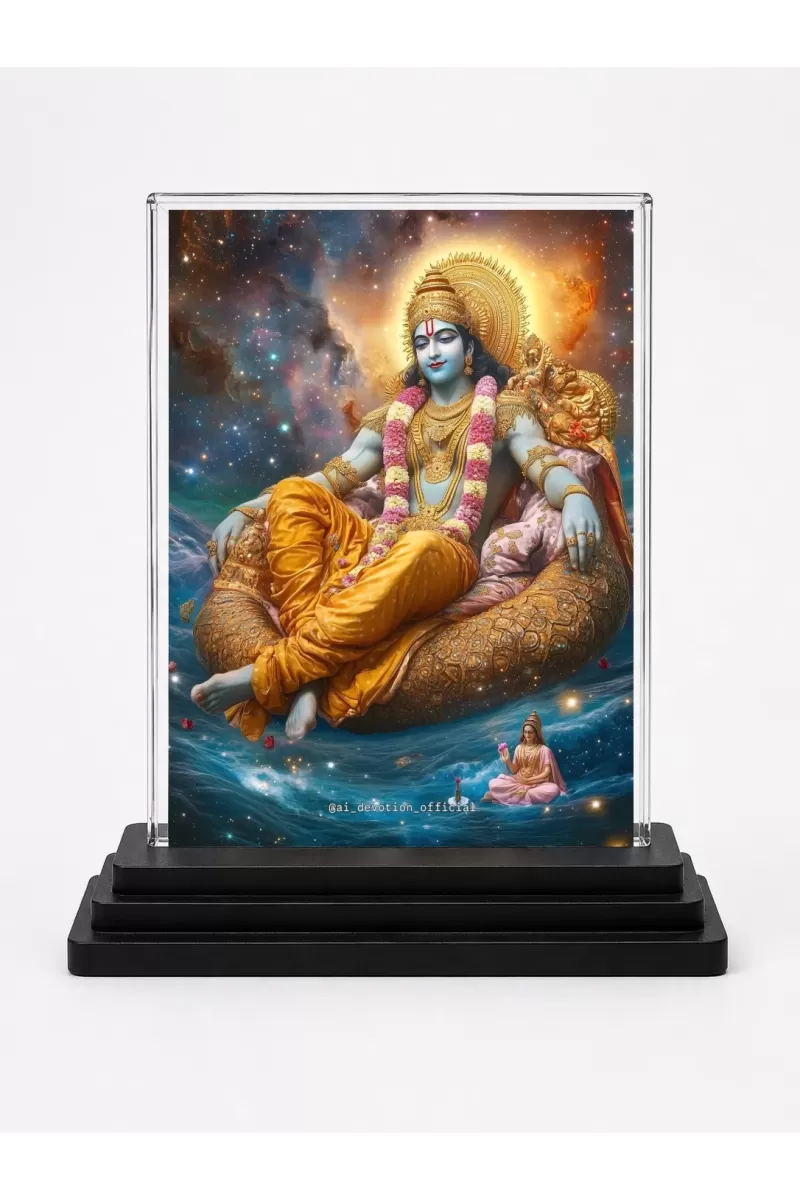 Lord Vishnu Acrylic Car Dashboard Showpiece | Double-Sided Lord Vishnu Photo Stand | 3 X 4 Inch Photo | Transparent Acrylic Frame With Black Base | Car Dashboard, Office & Table Decor (F70879)