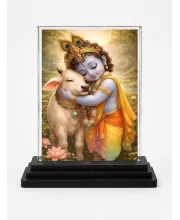 Bal Krishna Acrylic Car Dashboard Showpiece | Double-Sided Bal Krishna Photo Stand | 3 X 4 Inch Photo | Transparent Acrylic Frame With Black Base | Car Dashboard, Office & Table Decor (F70881)