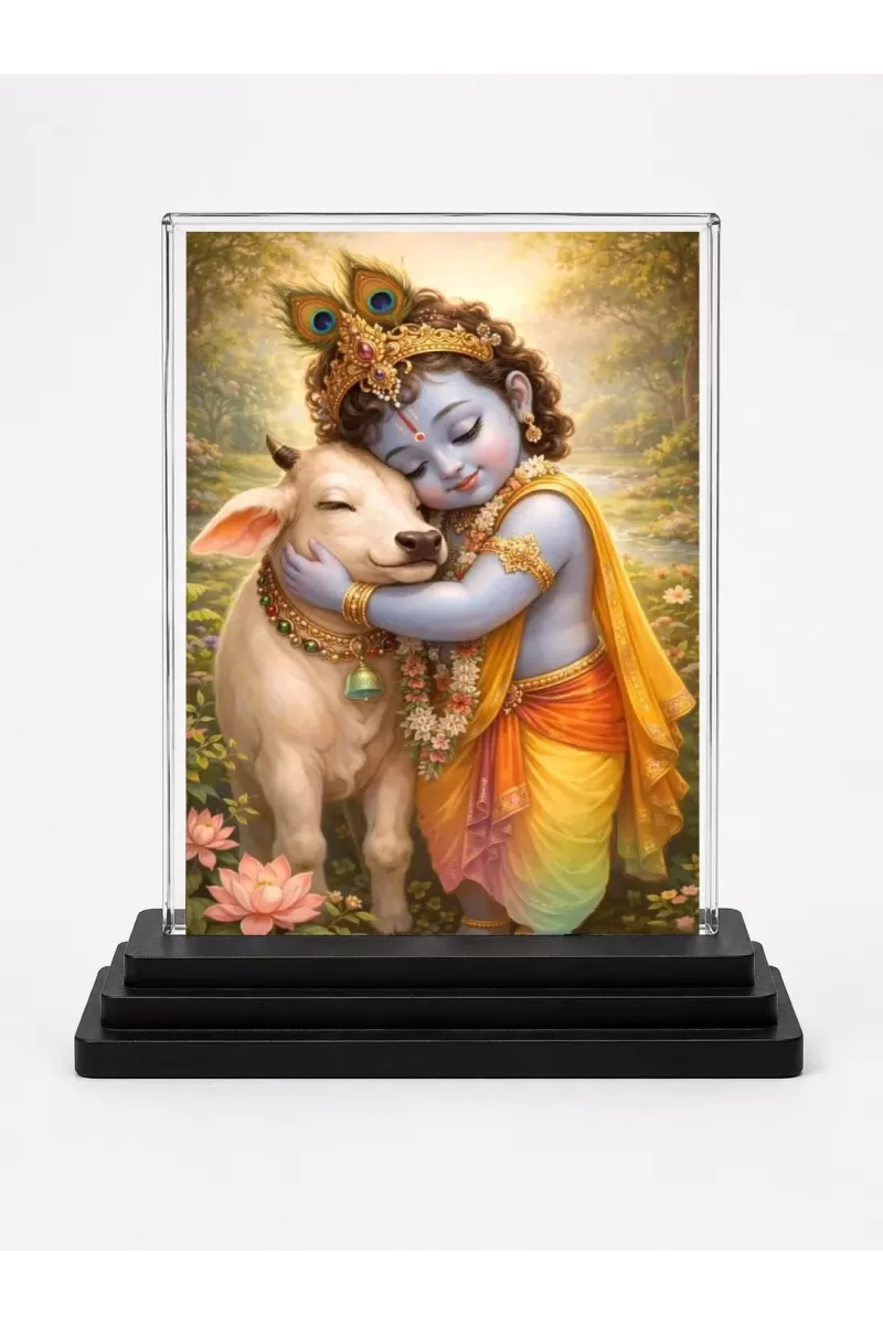 Bal Krishna Acrylic Car Dashboard Showpiece | Double-Sided Bal Krishna Photo Stand | 3 X 4 Inch Photo | Transparent Acrylic Frame With Black Base | Car Dashboard, Office & Table Decor (F70881)