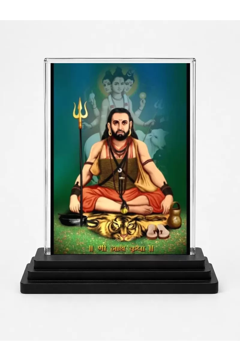 Matsyendranath Acrylic Car Dashboard Showpiece | Double-Sided Matsyendranath Photo Stand | 3 X 4 Inch Photo | Transparent Acrylic Frame With Black Base | Car Dashboard, Office & Table Decor (F70885)