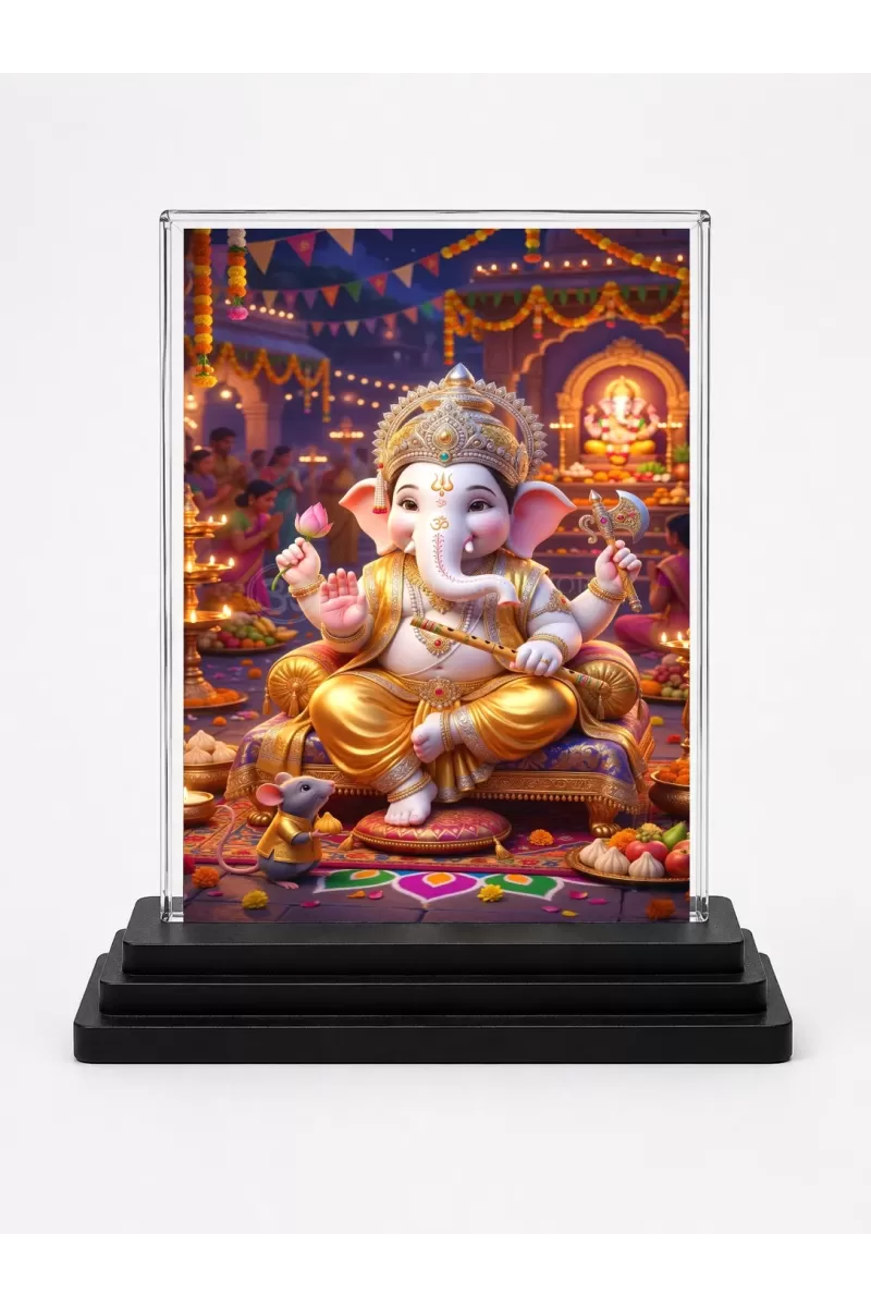 Lord Ganesha Acrylic Car Dashboard Showpiece | Double-Sided Lord Ganesha Photo Stand | 3 X 4 Inch Photo | Transparent Acrylic Frame With Black Base | Car Dashboard, Office & Table Decor (F70890)