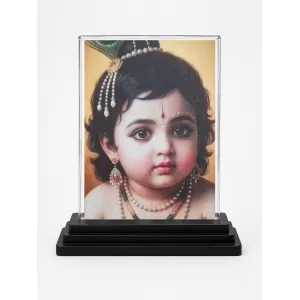 Radha Krishna Acrylic Car Dashboard Showpiece | Double-Sided Radha Krishna Photo Stand | 3 X 4 Inch Photo | Transparent Acrylic Frame With Black Base | Car Dashboard, Office & Table Decor (F70895)