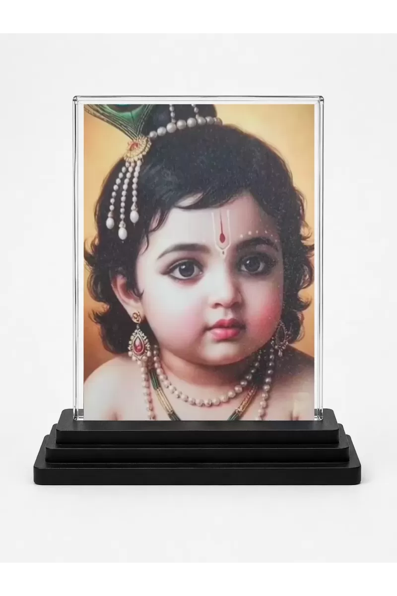 Radha Krishna Acrylic Car Dashboard Showpiece | Double-Sided Radha Krishna Photo Stand | 3 X 4 Inch Photo | Transparent Acrylic Frame With Black Base | Car Dashboard, Office & Table Decor (F70895)