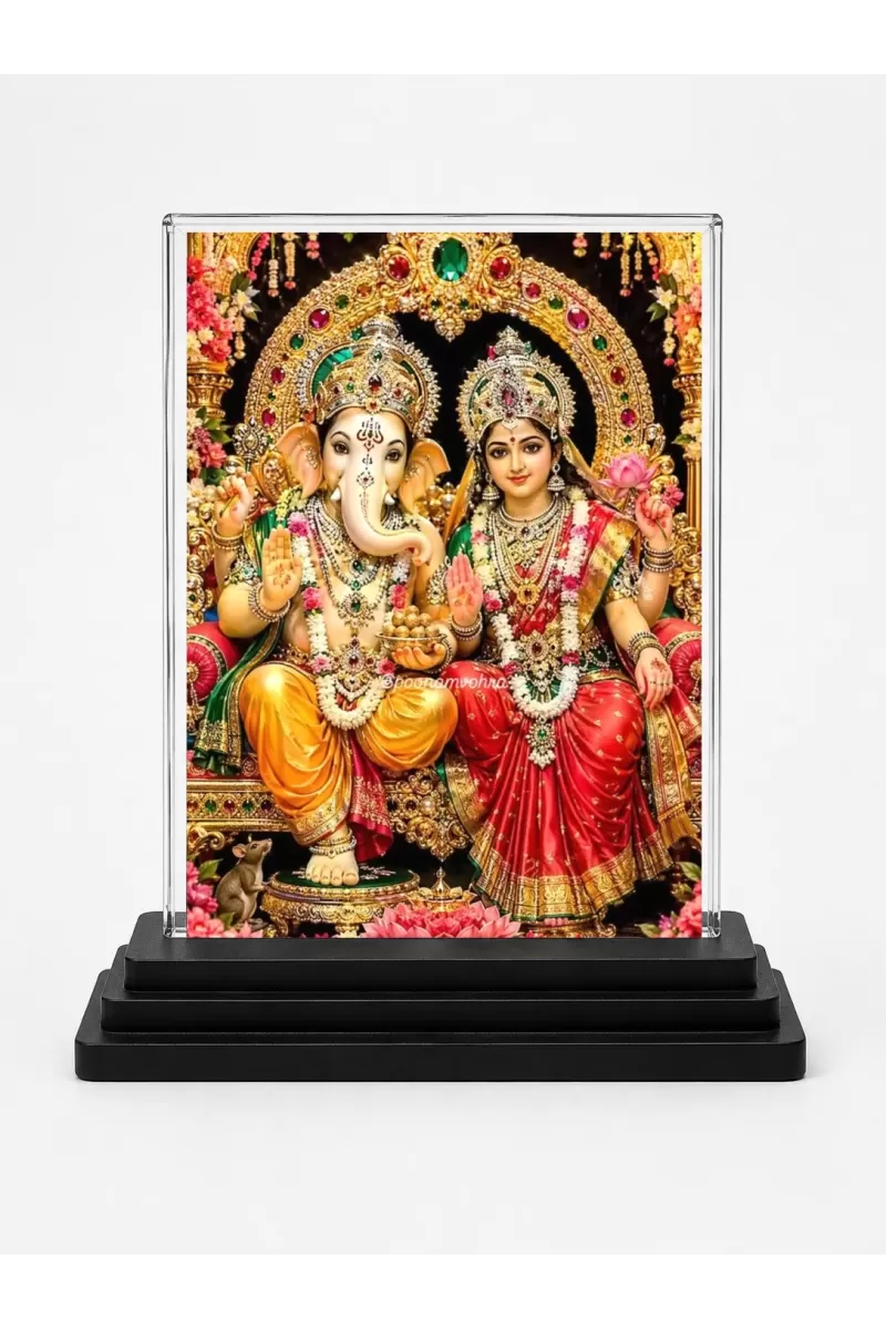 Lord Ganesha Acrylic Car Dashboard Showpiece | Double-Sided Lord Ganesha Photo Stand | 3 X 4 Inch Photo | Transparent Acrylic Frame With Black Base | Car Dashboard, Office & Table Decor (F70896)