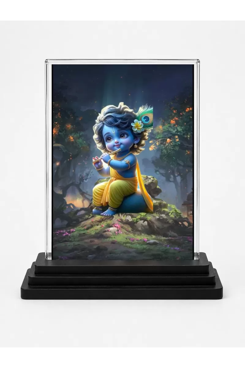 Bal Krishna Acrylic Car Dashboard Showpiece | Double-Sided Bal Krishna Photo Stand | 3 X 4 Inch Photo | Transparent Acrylic Frame With Black Base | Car Dashboard, Office & Table Decor (F70898)