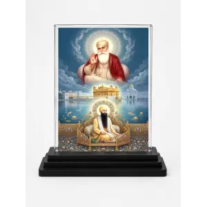 Guru Nanak Dev Ji Acrylic Car Dashboard Showpiece | Double-Sided Guru Nanak Dev Ji Photo Stand | 3 X 4 Inch Photo | Transparent Acrylic Frame With Black Base | Car Dashboard, Office & Table Decor (F70901)