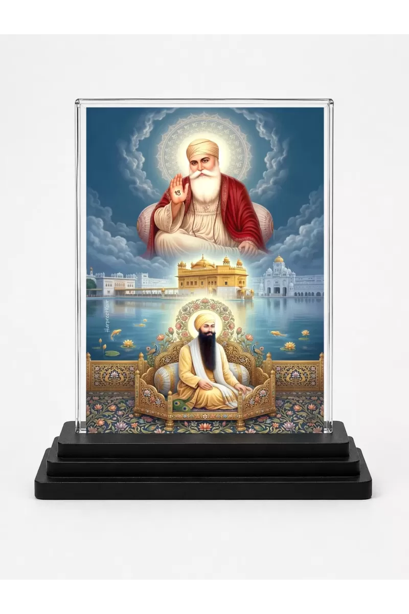 Guru Nanak Dev Ji Acrylic Car Dashboard Showpiece | Double-Sided Guru Nanak Dev Ji Photo Stand | 3 X 4 Inch Photo | Transparent Acrylic Frame With Black Base | Car Dashboard, Office & Table Decor (F70901)