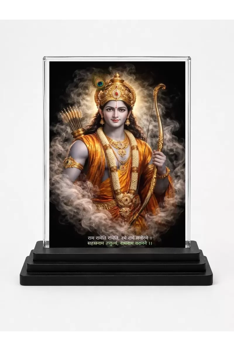Lord Rama Acrylic Car Dashboard Showpiece | Double-Sided Lord Rama Photo Stand | 3 X 4 Inch Photo | Transparent Acrylic Frame With Black Base | Car Dashboard, Office & Table Decor (F70902)