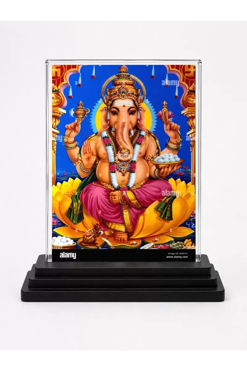 Lord Ganesha Acrylic Car Dashboard Showpiece | Double-Sided Lord Ganesha Photo Stand | 3 X 4 Inch Photo | Transparent Acrylic Frame With Black Base | Car Dashboard, Office & Table Decor (F70905)