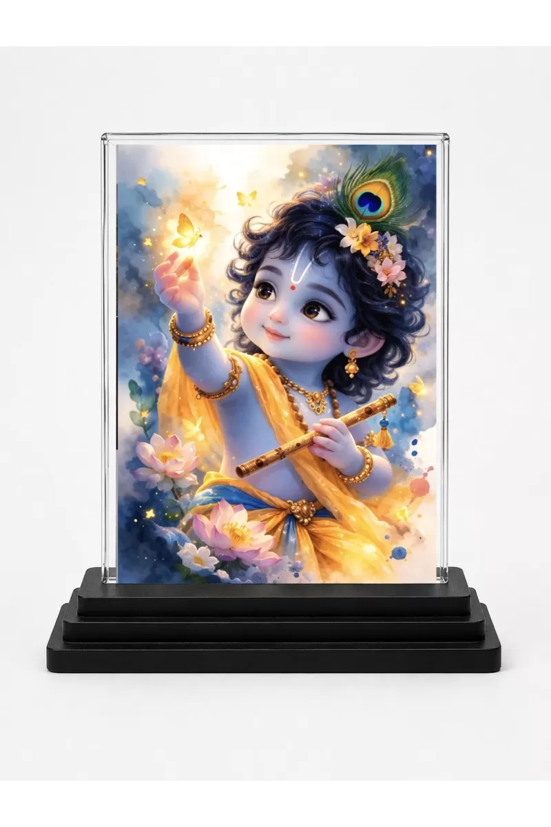 Bal Krishna Acrylic Car Dashboard Showpiece | Double-Sided Bal Krishna Photo Stand | 3 X 4 Inch Photo | Transparent Acrylic Frame With Black Base | Car Dashboard, Office & Table Decor (F70908)