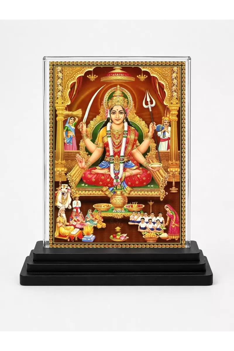 Santoshi Mata Acrylic Car Dashboard Showpiece | Double-Sided Santoshi Mata Photo Stand | 3 X 4 Inch Photo | Transparent Acrylic Frame With Black Base | Car Dashboard, Office & Table Decor (F70910)