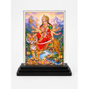 Durga Maa Acrylic Car Dashboard Showpiece | Double-Sided Durga Maa Photo Stand | 3 X 4 Inch Photo | Transparent Acrylic Frame With Black Base | Car Dashboard, Office & Table Decor (F70917)