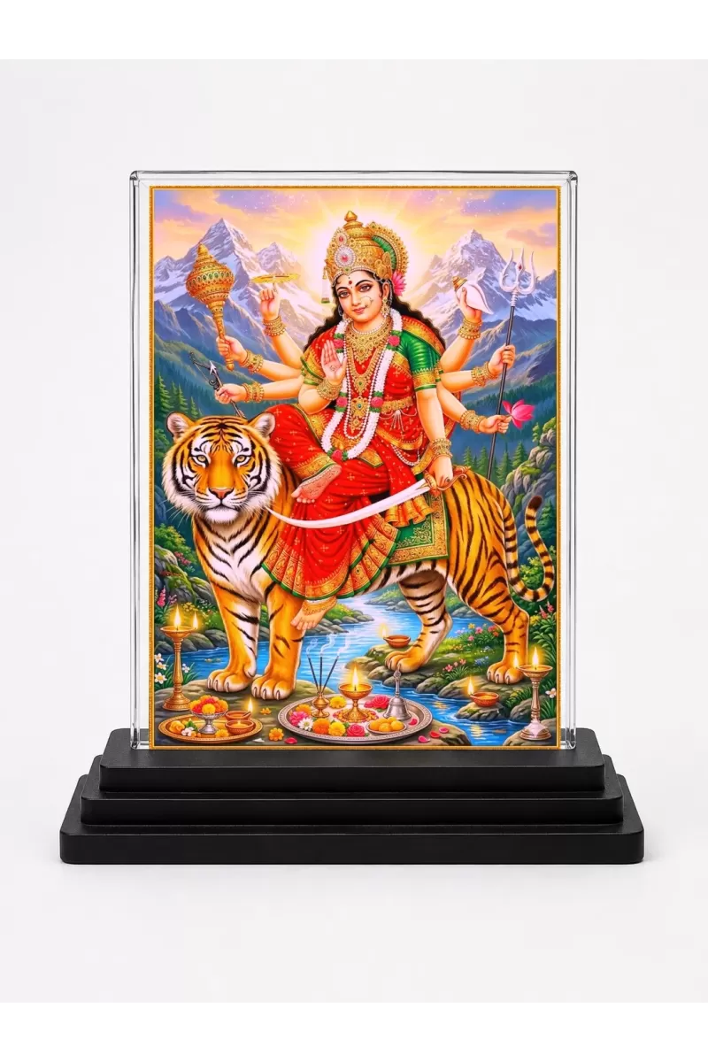 Durga Maa Acrylic Car Dashboard Showpiece | Double-Sided Durga Maa Photo Stand | 3 X 4 Inch Photo | Transparent Acrylic Frame With Black Base | Car Dashboard, Office & Table Decor (F70917)