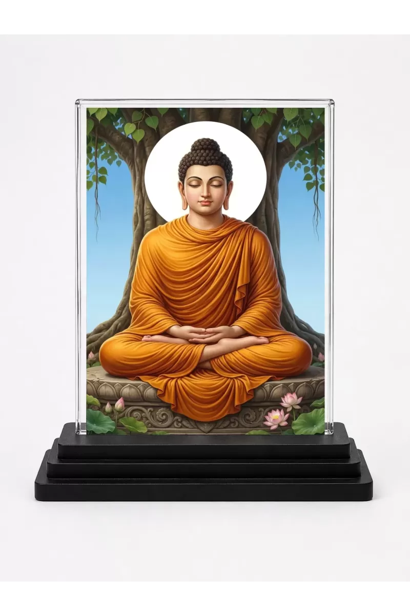 Gautama Buddha Acrylic Car Dashboard Showpiece | Double-Sided Gautama Buddha Photo Stand | 3 X 4 Inch Photo | Transparent Acrylic Frame With Black Base | Car Dashboard, Office & Table Decor (F70918)