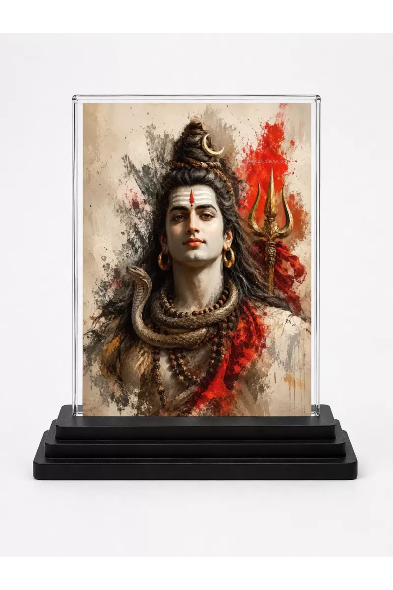 Lord Shiva Acrylic Car Dashboard Showpiece | Double-Sided Lord Shiva Photo Stand | 3 X 4 Inch Photo | Transparent Acrylic Frame With Black Base | Car Dashboard, Office & Table Decor (F70923)