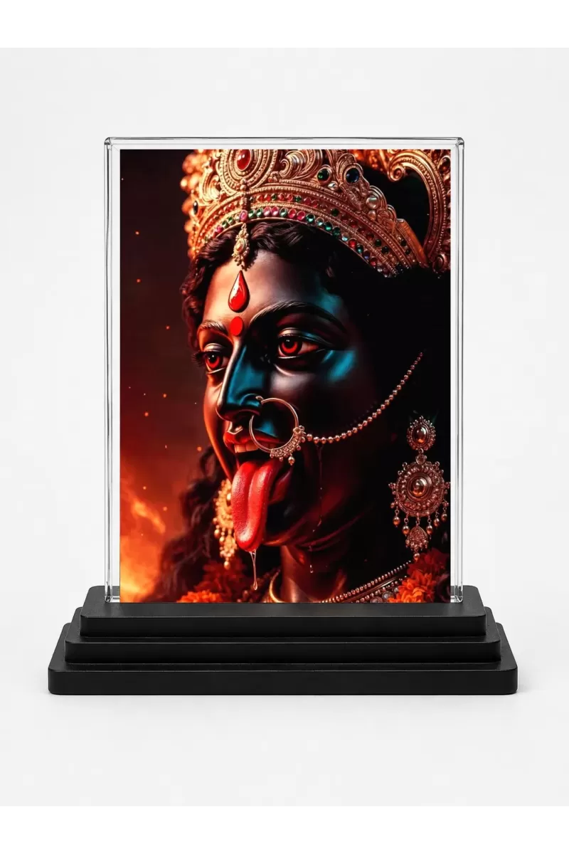 Maa Kali Acrylic Car Dashboard Showpiece | Double-Sided Maa Kali Photo Stand | 3 X 4 Inch Photo | Transparent Acrylic Frame With Black Base | Car Dashboard, Office & Table Decor (F70925)