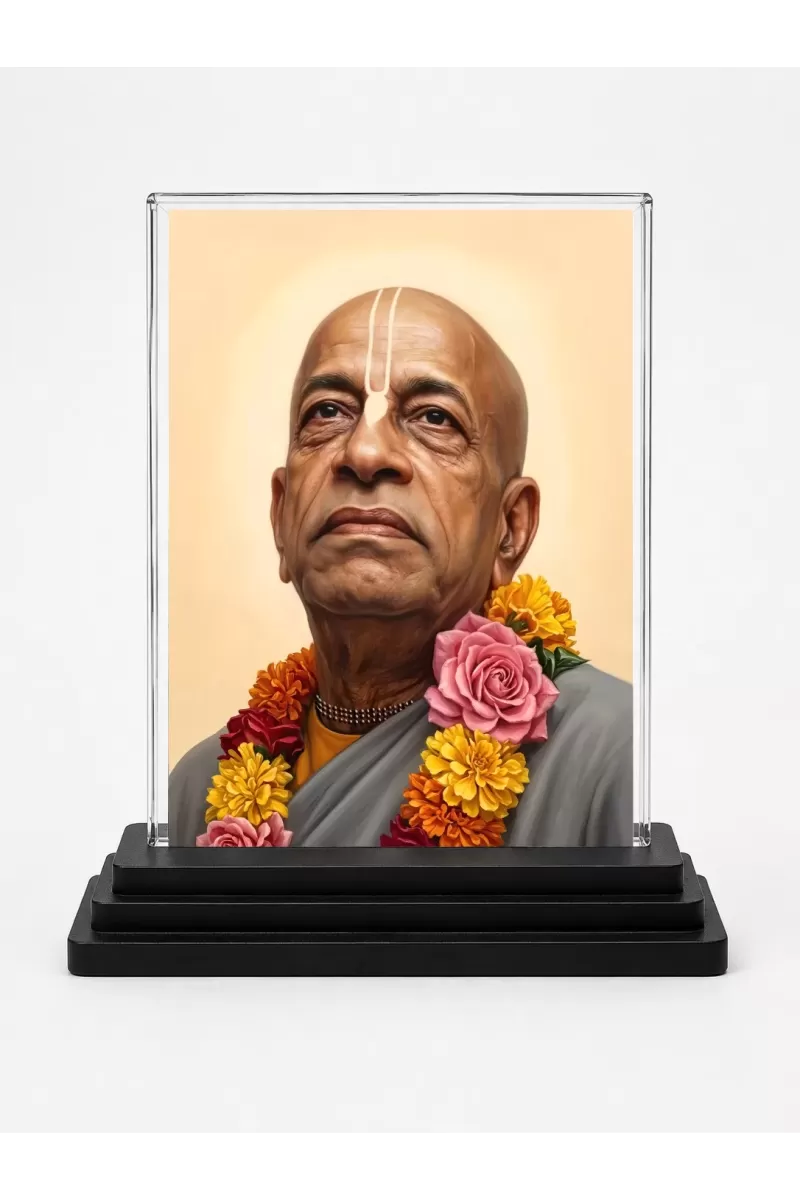 A.C. Bhaktivedanta Swami Prabhupada Acrylic Car Dashboard Showpiece | Double-Sided A.C. Bhaktivedanta Swami Prabhupada Photo Stand | 3 X 4 Inch Photo | Transparent Acrylic Frame With Black Base | Car Dashboard, Office & Table Decor (F70927)