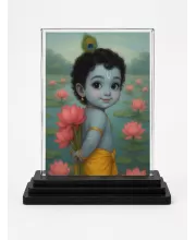 Bal Krishna Acrylic Car Dashboard Showpiece | Double-Sided Bal Krishna Photo Stand | 3 X 4 Inch Photo | Transparent Acrylic Frame With Black Base | Car Dashboard, Office & Table Decor (F70928)