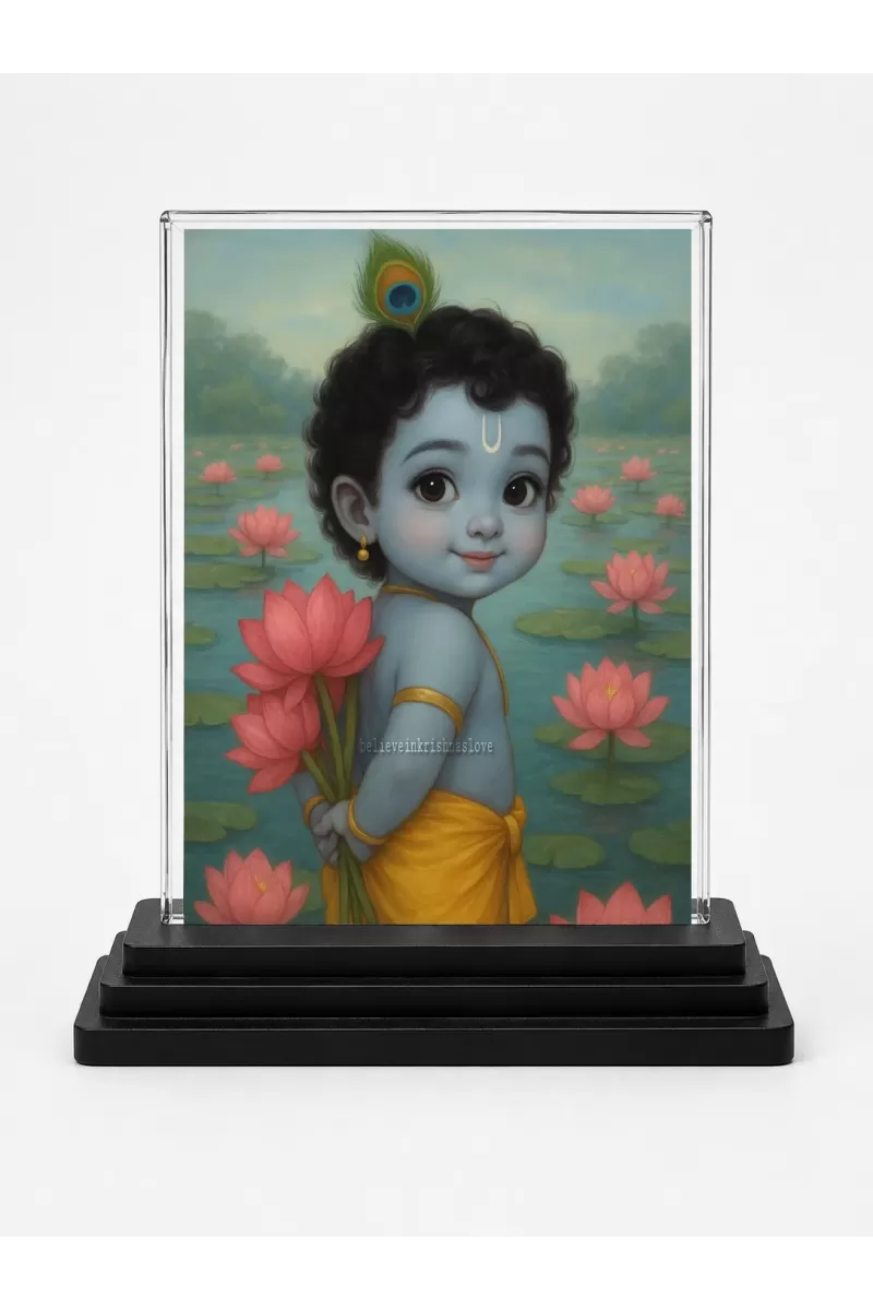 Bal Krishna Acrylic Car Dashboard Showpiece | Double-Sided Bal Krishna Photo Stand | 3 X 4 Inch Photo | Transparent Acrylic Frame With Black Base | Car Dashboard, Office & Table Decor (F70928)