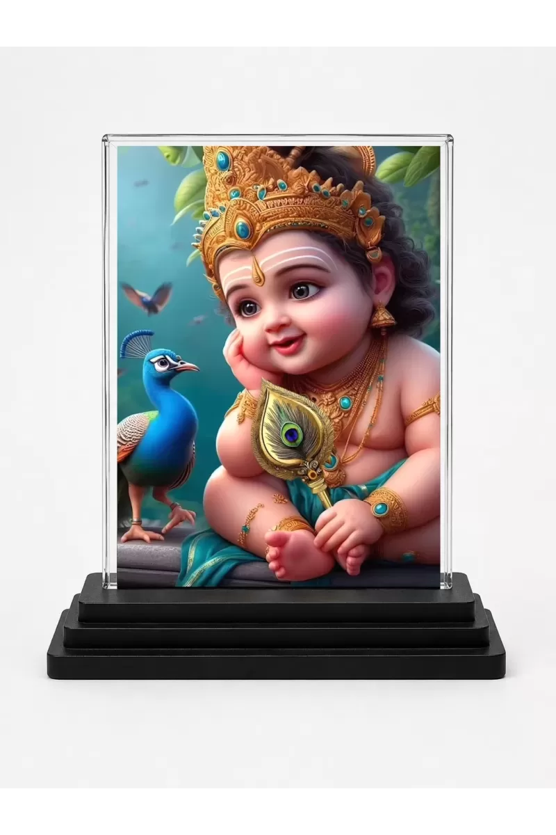 Baby Deity Acrylic Car Dashboard Showpiece | Double-Sided Baby Deity Photo Stand | 3 X 4 Inch Photo | Transparent Acrylic Frame With Black Base | Car Dashboard, Office & Table Decor (F70929)