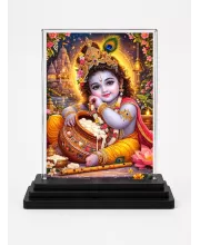 Bal Krishna Acrylic Car Dashboard Showpiece | Double-Sided Bal Krishna Photo Stand | 3 X 4 Inch Photo | Transparent Acrylic Frame With Black Base | Car Dashboard, Office & Table Decor (F70930)