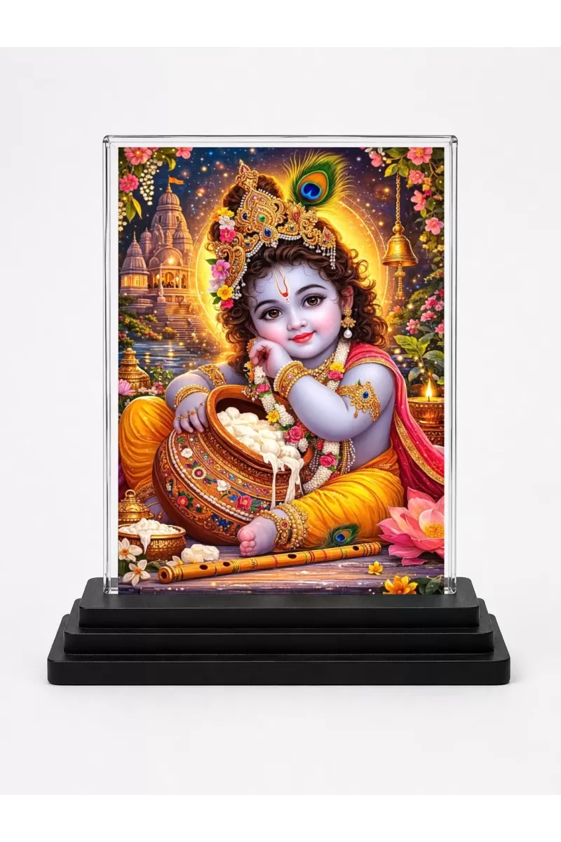 Bal Krishna Acrylic Car Dashboard Showpiece | Double-Sided Bal Krishna Photo Stand | 3 X 4 Inch Photo | Transparent Acrylic Frame With Black Base | Car Dashboard, Office & Table Decor (F70930)