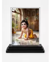 Radha Krishna Acrylic Car Dashboard Showpiece | Double-Sided Radha Krishna Photo Stand | 3 X 4 Inch Photo | Transparent Acrylic Frame With Black Base | Car Dashboard, Office & Table Decor (F70932)