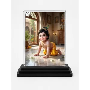 Radha Krishna Acrylic Car Dashboard Showpiece | Double-Sided Radha Krishna Photo Stand | 3 X 4 Inch Photo | Transparent Acrylic Frame With Black Base | Car Dashboard, Office & Table Decor (F70932)