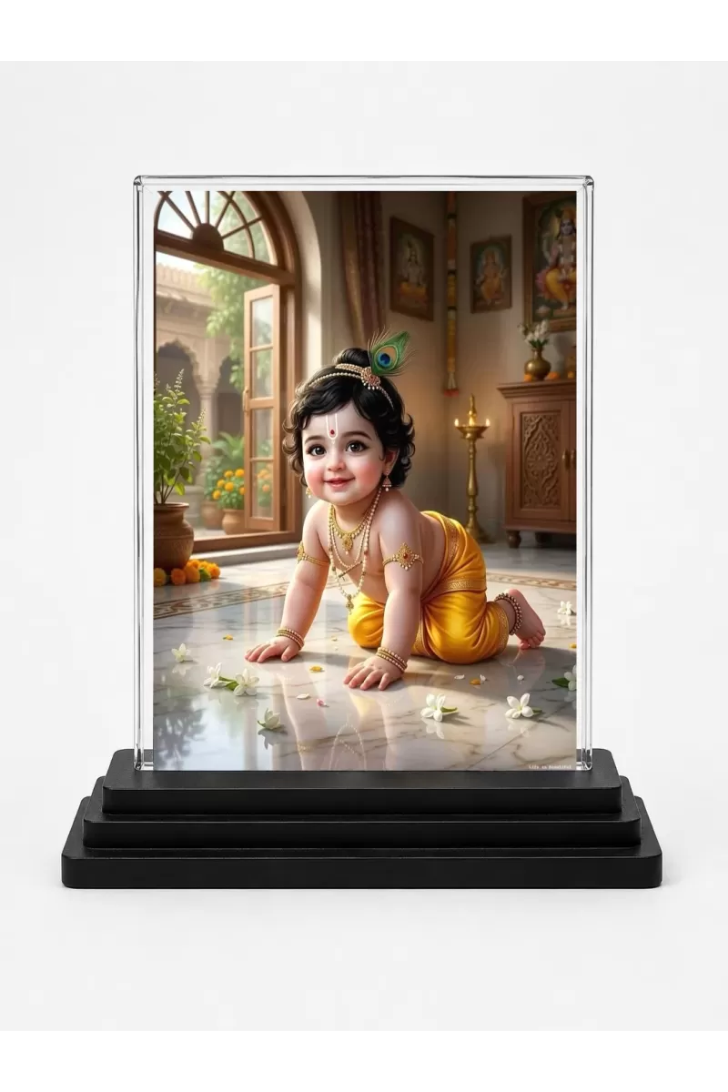 Radha Krishna Acrylic Car Dashboard Showpiece | Double-Sided Radha Krishna Photo Stand | 3 X 4 Inch Photo | Transparent Acrylic Frame With Black Base | Car Dashboard, Office & Table Decor (F70932)