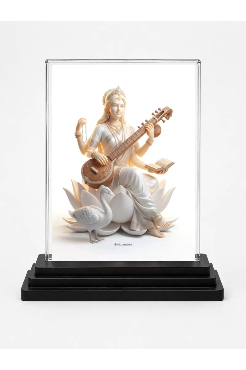 Saraswati Acrylic Car Dashboard Showpiece | Double-Sided Saraswati Photo Stand | 3 X 4 Inch Photo | Transparent Acrylic Frame With Black Base | Car Dashboard, Office & Table Decor (F70933)
