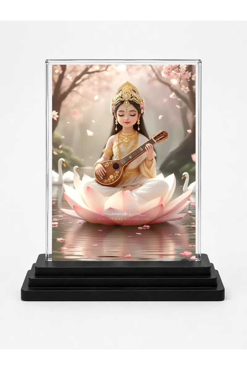 Saraswati Acrylic Car Dashboard Showpiece | Double-Sided Saraswati Photo Stand | 3 X 4 Inch Photo | Transparent Acrylic Frame With Black Base | Car Dashboard, Office & Table Decor (F70938)