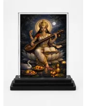 Hindu Goddess Acrylic Car Dashboard Showpiece | Double-Sided Hindu Goddess Photo Stand | 3 X 4 Inch Photo | Transparent Acrylic Frame With Black Base | Car Dashboard, Office & Table Decor (F70939)
