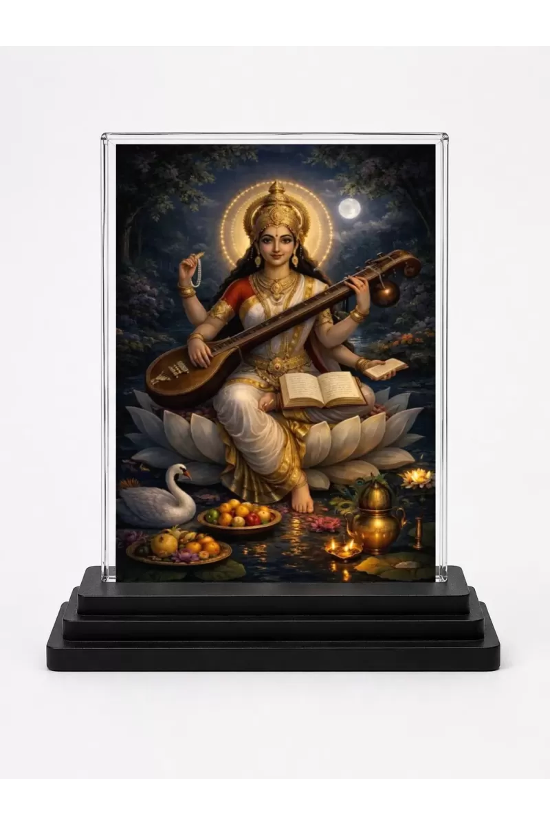 Hindu Goddess Acrylic Car Dashboard Showpiece | Double-Sided Hindu Goddess Photo Stand | 3 X 4 Inch Photo | Transparent Acrylic Frame With Black Base | Car Dashboard, Office & Table Decor (F70939)