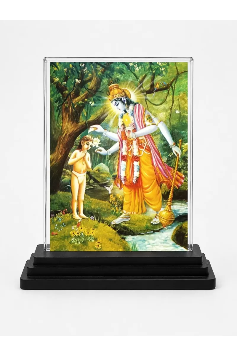 A.C. Bhaktivedanta Swami Prabhupada Acrylic Car Dashboard Showpiece | Double-Sided A.C. Bhaktivedanta Swami Prabhupada Photo Stand | 3 X 4 Inch Photo | Transparent Acrylic Frame With Black Base | Car Dashboard, Office & Table Decor (F70942)