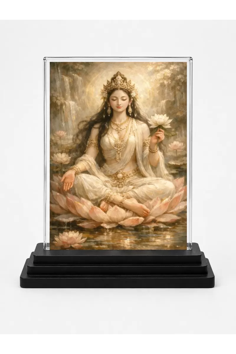 Hindu Goddess Acrylic Car Dashboard Showpiece | Double-Sided Hindu Goddess Photo Stand | 3 X 4 Inch Photo | Transparent Acrylic Frame With Black Base | Car Dashboard, Office & Table Decor (F70943)
