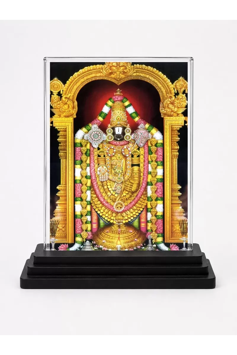 Tirupati Balaji Acrylic Car Dashboard Showpiece | Double-Sided Tirupati Balaji Photo Stand | 3 X 4 Inch Photo | Transparent Acrylic Frame With Black Base | Car Dashboard, Office & Table Decor (F70944)