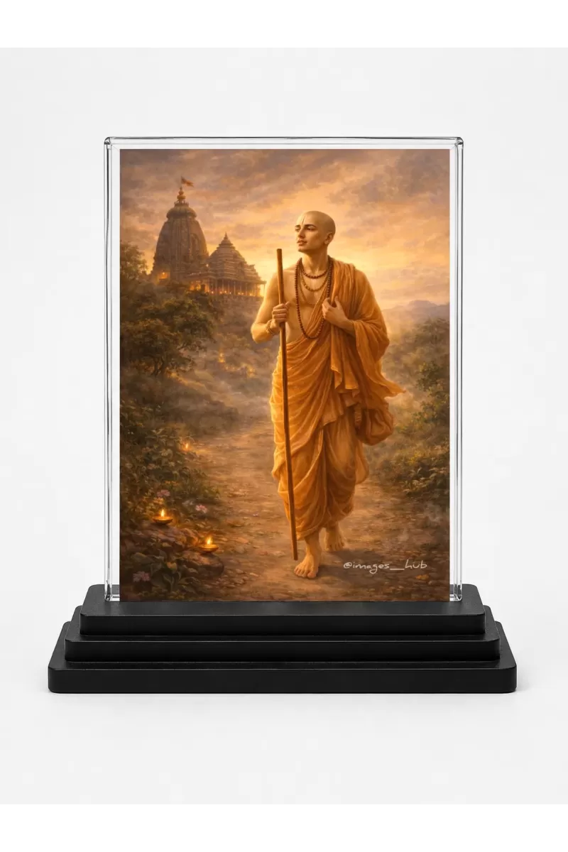 Chaitanya Mahaprabhu Acrylic Car Dashboard Showpiece | Double-Sided Chaitanya Mahaprabhu Photo Stand | 3 X 4 Inch Photo | Transparent Acrylic Frame With Black Base | Car Dashboard, Office & Table Decor (F70949)