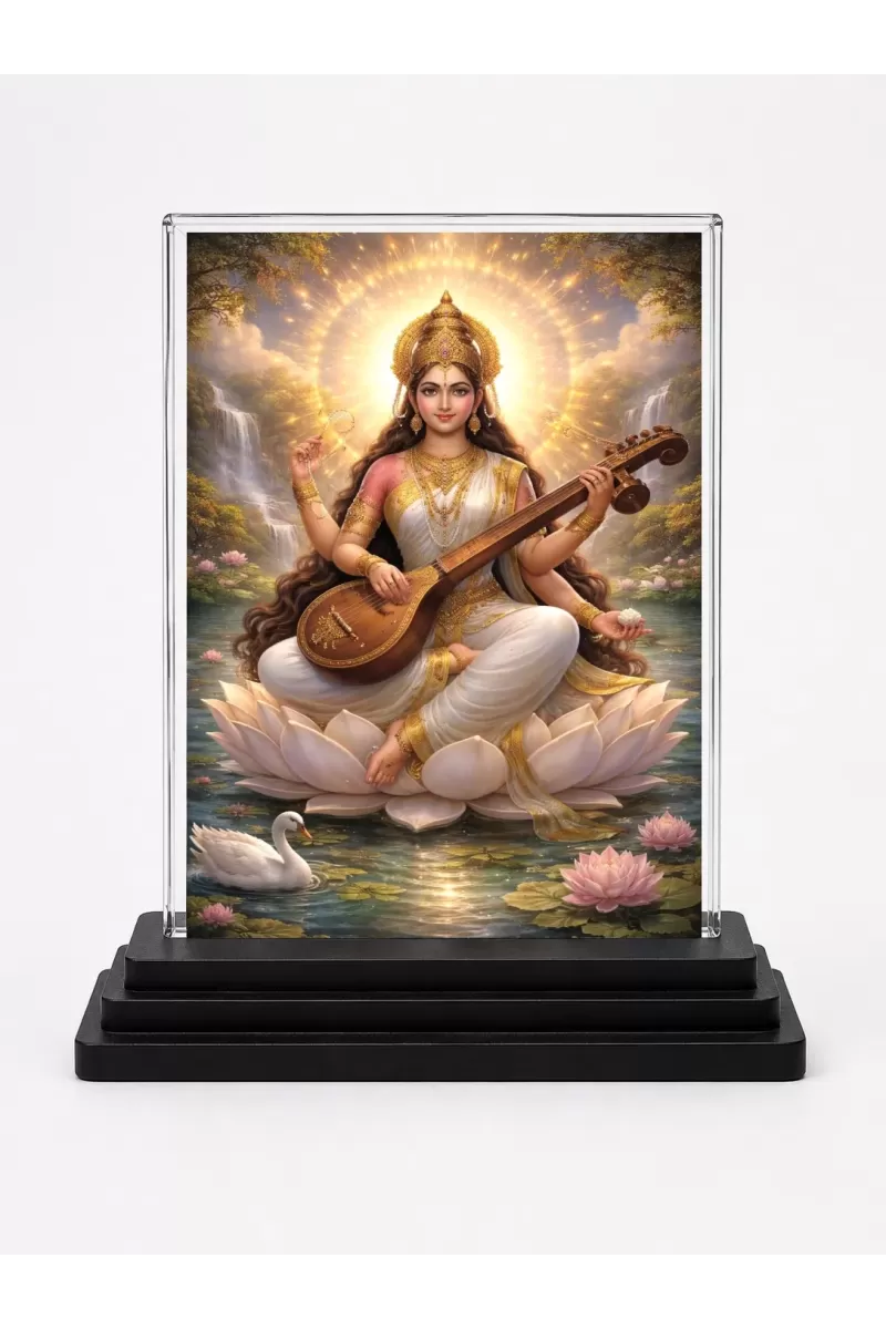 Hindu Goddess Acrylic Car Dashboard Showpiece | Double-Sided Hindu Goddess Photo Stand | 3 X 4 Inch Photo | Transparent Acrylic Frame With Black Base | Car Dashboard, Office & Table Decor (F70950)