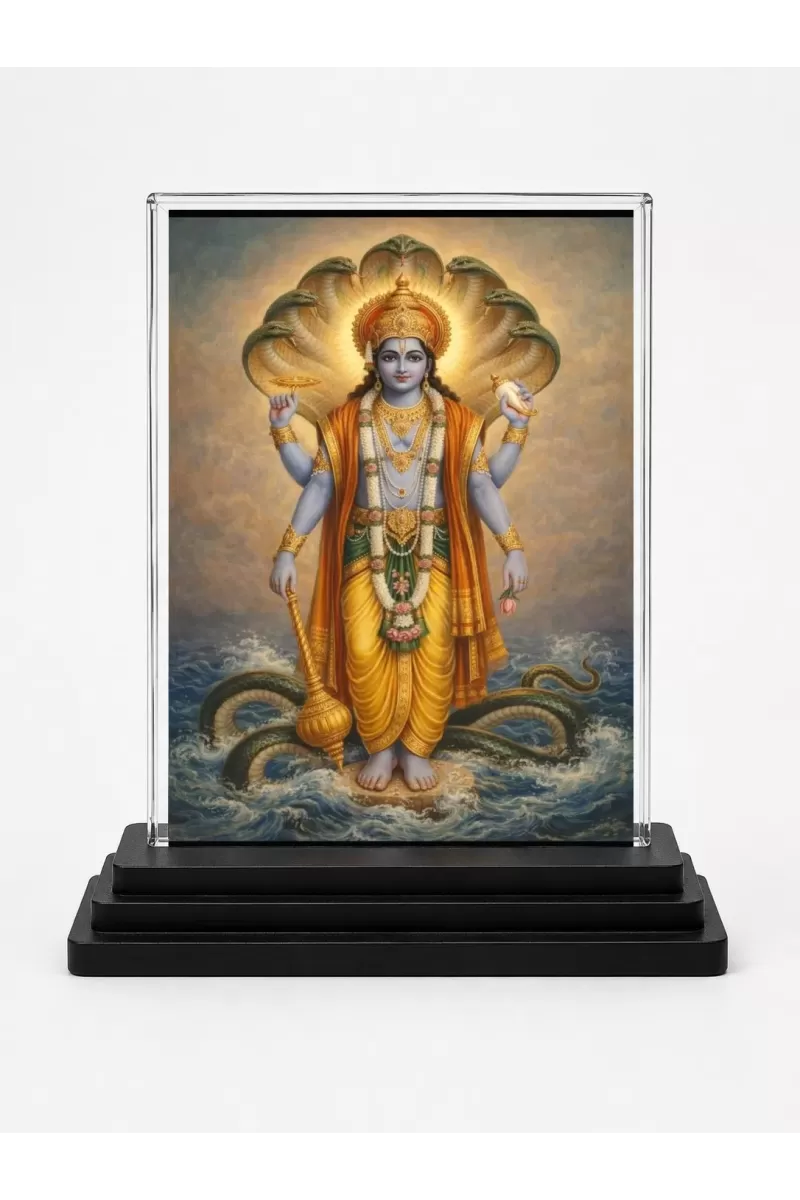 Lord Vishnu Acrylic Car Dashboard Showpiece | Double-Sided Lord Vishnu Photo Stand | 3 X 4 Inch Photo | Transparent Acrylic Frame With Black Base | Car Dashboard, Office & Table Decor (F70953)