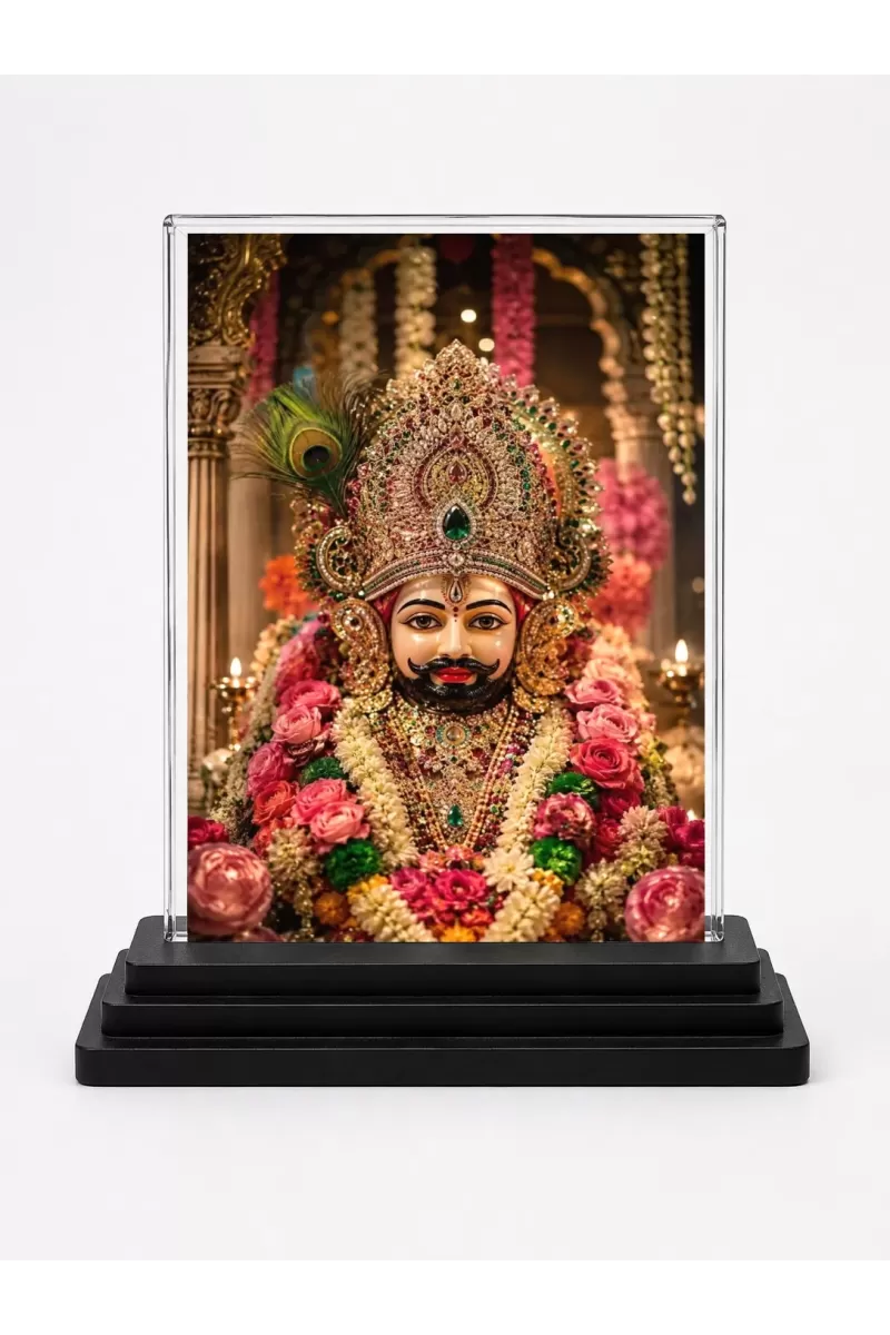 Khatu Shyam Ji Acrylic Car Dashboard Showpiece | Double-Sided Khatu Shyam Ji Photo Stand | 3 X 4 Inch Photo | Transparent Acrylic Frame With Black Base | Car Dashboard, Office & Table Decor (F70955)
