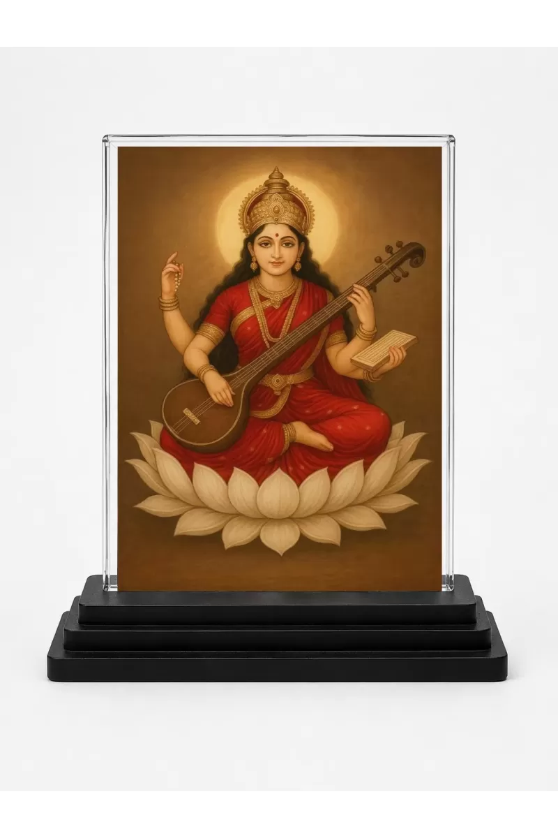 Saraswati Acrylic Car Dashboard Showpiece | Double-Sided Saraswati Photo Stand | 3 X 4 Inch Photo | Transparent Acrylic Frame With Black Base | Car Dashboard, Office & Table Decor (F70957)