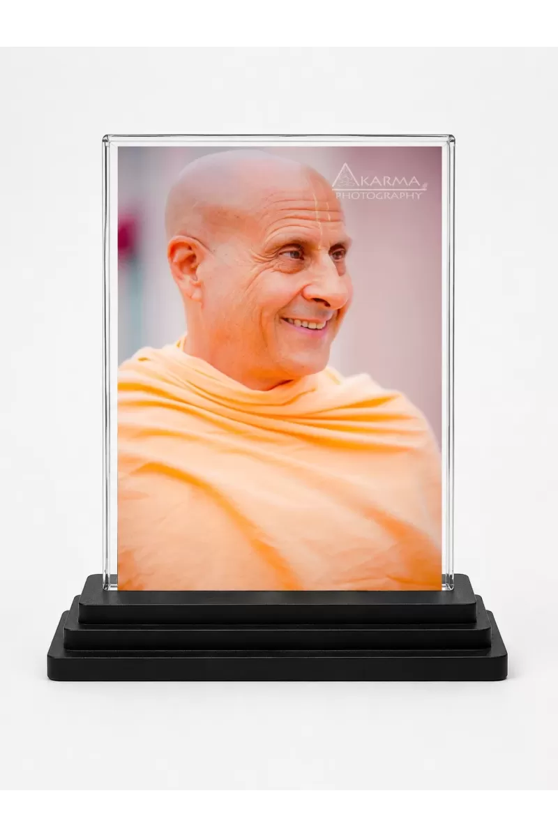 Radhanath Swami Acrylic Car Dashboard Showpiece | Double-Sided Radhanath Swami Photo Stand | 3 X 4 Inch Photo | Transparent Acrylic Frame With Black Base | Car Dashboard, Office & Table Decor (F70958)