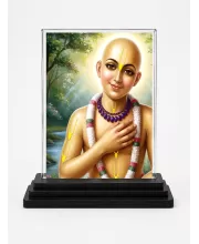 Chaitanya Mahaprabhu Acrylic Car Dashboard Showpiece | Double-Sided Chaitanya Mahaprabhu Photo Stand | 3 X 4 Inch Photo | Transparent Acrylic Frame With Black Base | Car Dashboard, Office & Table Decor (F70962)