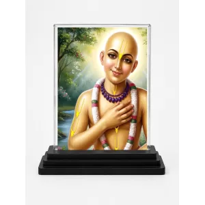 Chaitanya Mahaprabhu Acrylic Car Dashboard Showpiece | Double-Sided Chaitanya Mahaprabhu Photo Stand | 3 X 4 Inch Photo | Transparent Acrylic Frame With Black Base | Car Dashboard, Office & Table Decor (F70962)