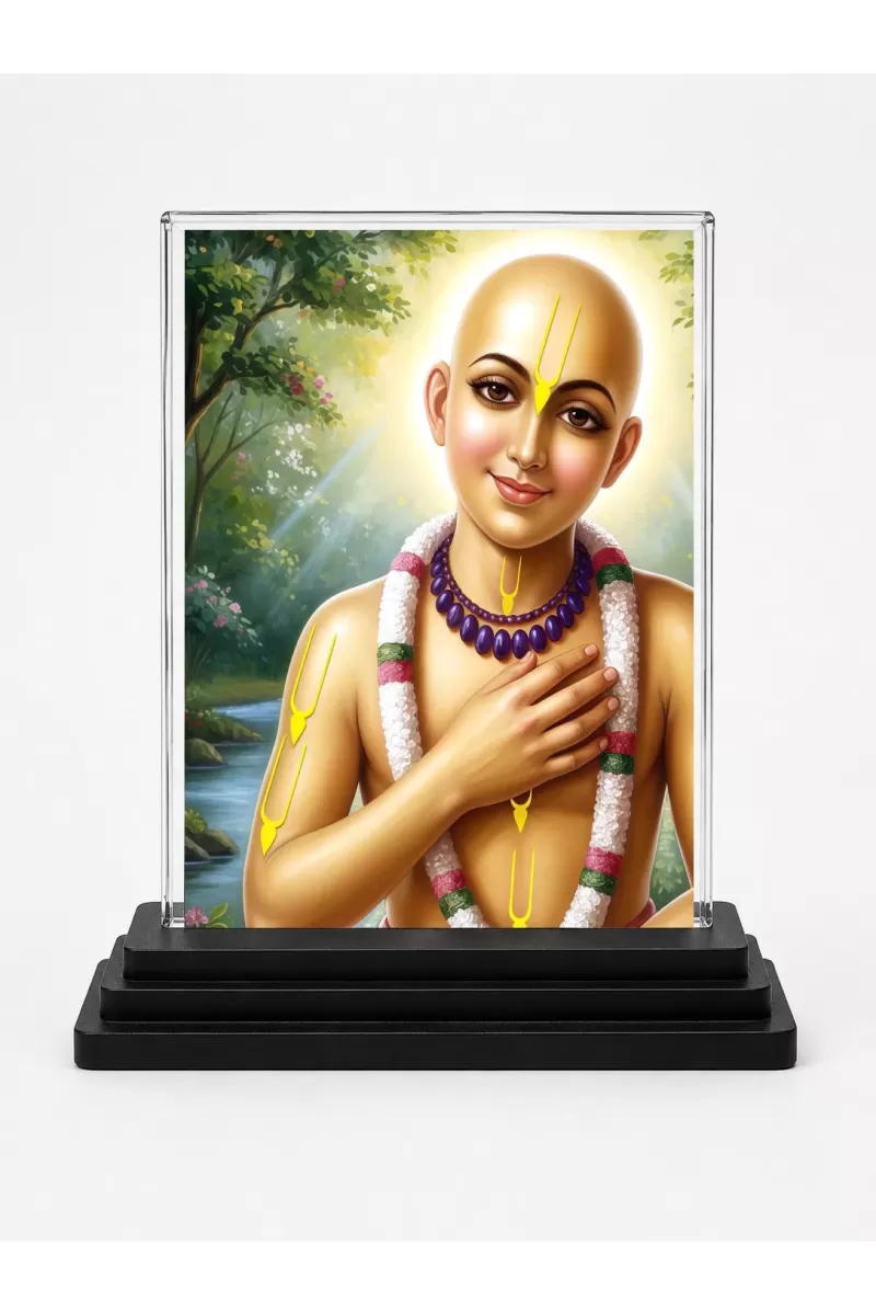 Chaitanya Mahaprabhu Acrylic Car Dashboard Showpiece | Double-Sided Chaitanya Mahaprabhu Photo Stand | 3 X 4 Inch Photo | Transparent Acrylic Frame With Black Base | Car Dashboard, Office & Table Decor (F70962)