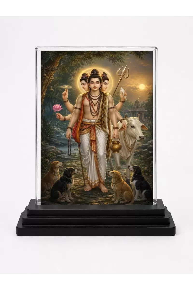 Adi Guru Dattatreya Acrylic Car Dashboard Showpiece | Double-Sided Adi Guru Dattatreya Photo Stand | 3 X 4 Inch Photo | Transparent Acrylic Frame With Black Base | Car Dashboard, Office & Table Decor (F70967)