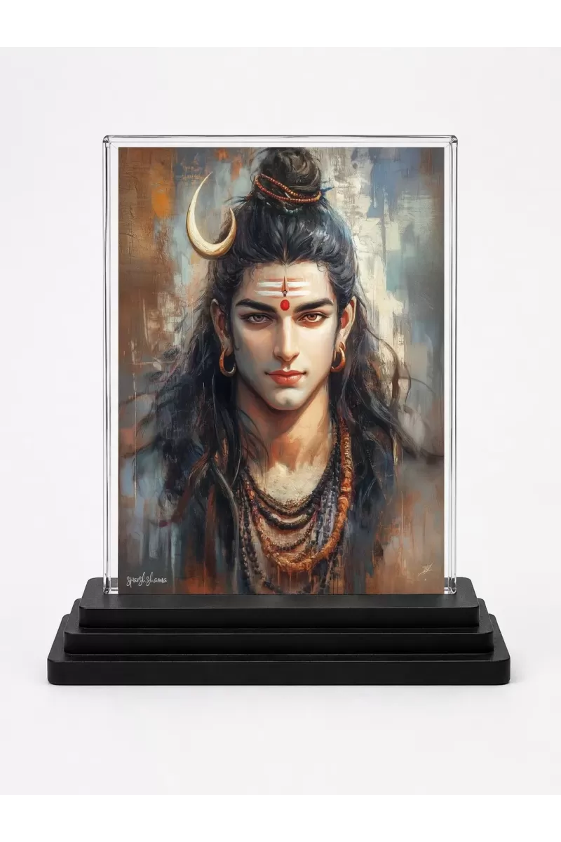 Lord Shiva Acrylic Car Dashboard Showpiece | Double-Sided Lord Shiva Photo Stand | 3 X 4 Inch Photo | Transparent Acrylic Frame With Black Base | Car Dashboard, Office & Table Decor (F70972)